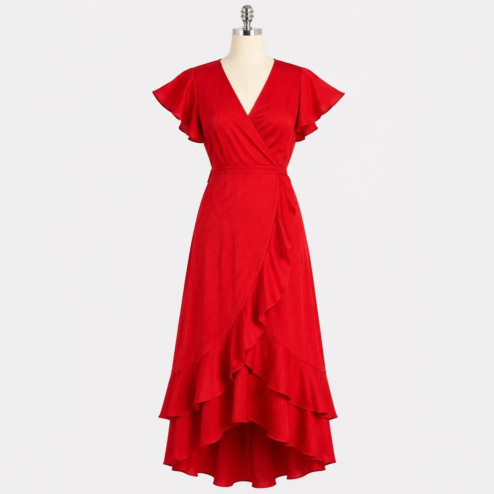 DO+BE Red Wrap Midi Dress Women's Small S Ruffle Hem Short Sleeve Tie Waist